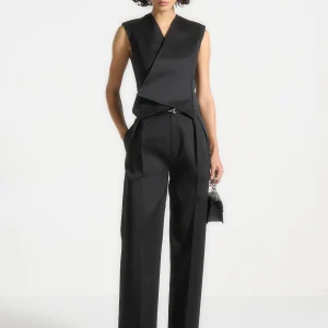 Julie - Sateen Tailored Twin Pleat Trousers - Black