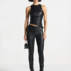 Yolande - Leather Asymmetric Tacked Racer Top - Black
