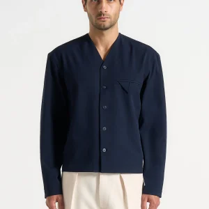 Zac - Boxy V-Neck Long Sleeve Shirt - Navy
