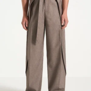 Charles - Wide Fit Wrap Leg Pinstripe Tailored Trousers - Taupe