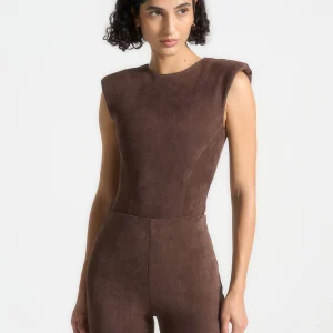 Wide Shoulder Suede Bodysuit - Brown
