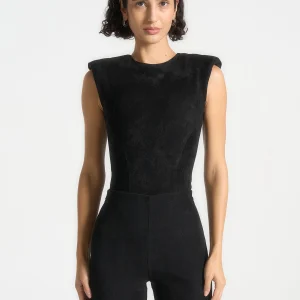 Wide Shoulder Suede Bodysuit - Black