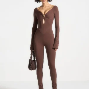 Twisted Bust Off Shoulder Jumpsuit - Brown