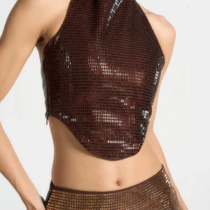 Rhinestone Ombre Halterneck Top - Brown/Gold