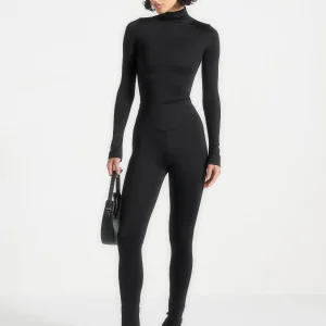 Alea - Mock Neck Long Sleeve Top - Black