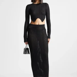 2-in-1 Long Sleeve Knitted Midaxi Dress - Black