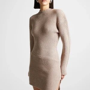 Asymmetric Knit Jumper Dress - Taupe