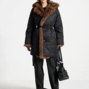 Alima - Fur Longline Belted Coat - Black