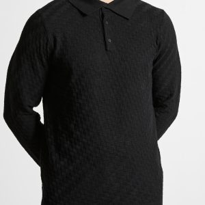 Cotton Blend Waffle Knit Long Sleeve Polo Top - Black