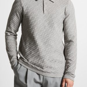 Cotton Blend Waffle Knit Long Sleeve Polo Top - Grey