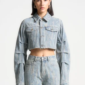 Alice - Cropped Distressed Denim Jacket - Mid Blue