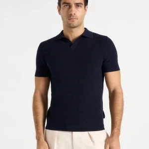 Rowen - Textured Knit Revere Polo Shirt - Navy