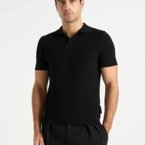 Rowen - Textured Knit Revere Polo Shirt - Black
