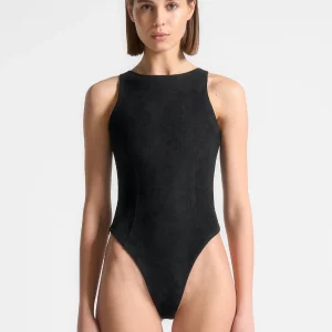 Adele - Suede Racer Neck Bodysuit - Black