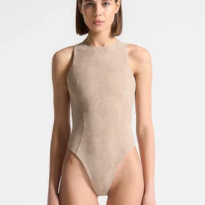 Adele - Suede Racer Neck Bodysuit - Taupe