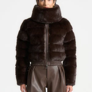 Ama - Plush Ribbed Jacket with Neck Scarf - Brown