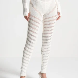 High Waisted Knitted Spiral Contour Leggings - White