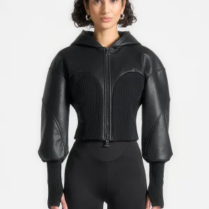 Amani - Hooded Pebbled Leather Contour Jacket - Black