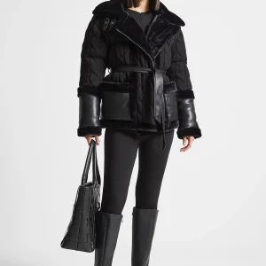 Tara - Knit and Plush Puffer Biker Jacket - Black