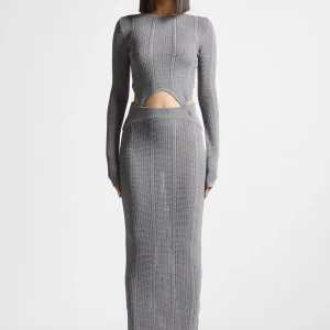 2-in-1 Long Sleeve Knitted Midaxi Dress - Grey