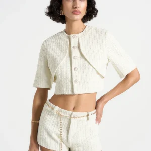 Alba - Tweed Mock Neck Curve Detailing Top - Cream