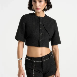 Alba - Tweed Mock Neck Curve Detailing Top - Black