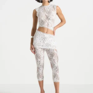 Aimee - Lace Asymmetric Capri Leggings - White