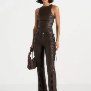 Ambre - Leather Lace Up Flared Trousers - Brown