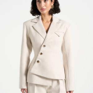 Thalia - Tailored Asymmetric Double Breasted Blazer - Light Beige