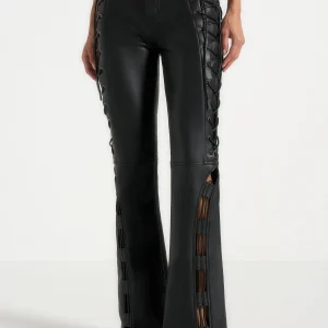Ambre - Leather Lace Up Flared Trousers - Black
