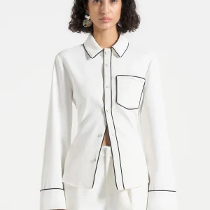 Contrast Piped Backless Tie Shirt - White/Black