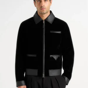 Tony - Velvet & Leather Contrast Jacket - Black