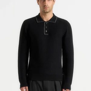 Aymeric - Whipstitch Detail Long Sleeve Knit Polo Shirt - Black