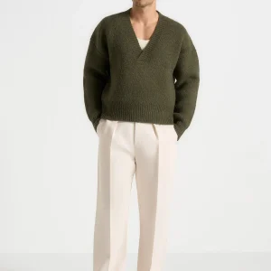 Chad - V-Neck Wool Knit Jumper - Olive