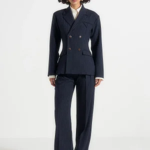 Julie - Pinstripe Twin Pleat Tailored Trousers - Navy