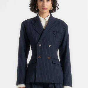 Maia - Pinstripe Double Breasted Blazer - Navy