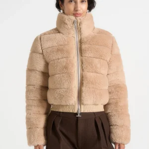 Ama - Plush Ribbed Jacket with Neck Scarf - Beige