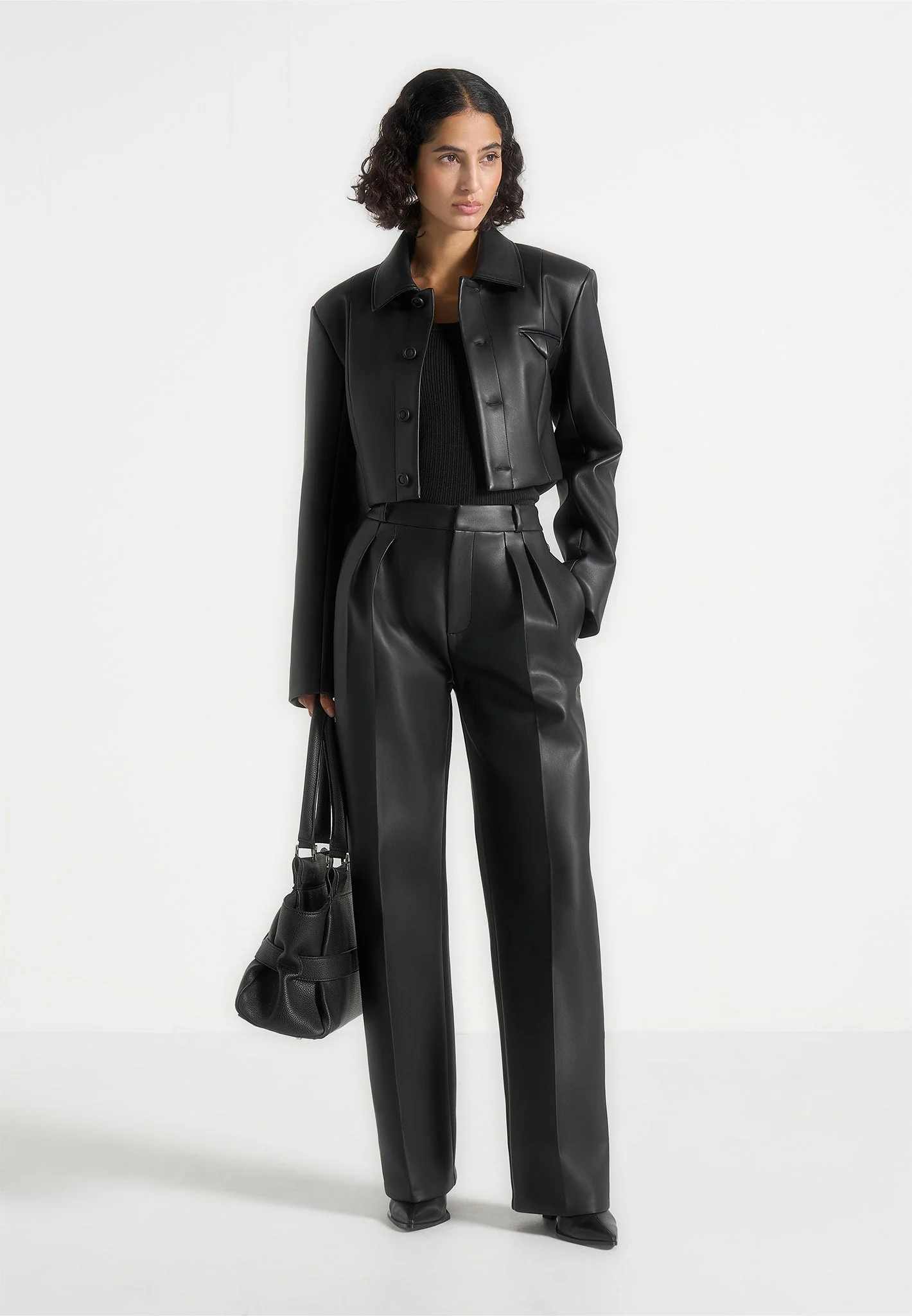 Ania - Wide Shoulder Leather Jacket - Black – Image 3