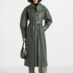 Leyna - Ostrich Hourglass Belted Coat - Olive
