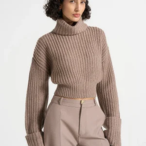 Amaya - Roll Neck Knit Jumper With Cuffs - Taupe