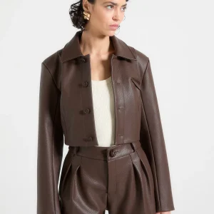 Ania - Wide Shoulder Pebbled Leather Jacket - Brown