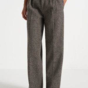Julie - Herringbone Wool Twin Pleat Trousers - Grey
