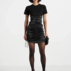 Ruched Satin T-Shirt Dress - Black