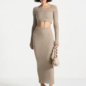 Angled Waist Knit Maxi Skirt - Beige Marl