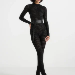 Tiana - Pointelle Knit Long Sleeve Jumpsuit with Belt - Black