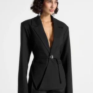 Yuna - Plunge Tailored Blazer With Belt - Black
