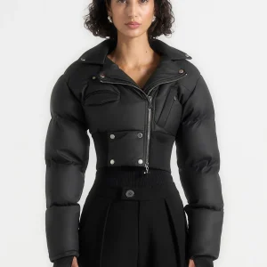 Dalya - Matte Cropped Biker Puffer Jacket - Black