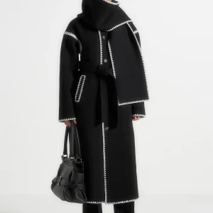 Elora - Wool Blanket Stitch Belted Longline Coat - Black