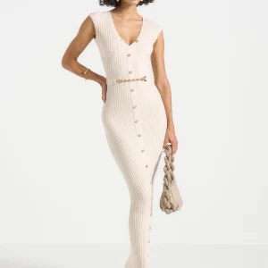 Helene - Knitted Midaxi Dress with Belt - Beige