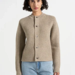 Alix - Unisex Crewneck Ribbed Knit Cardigan - Beige
